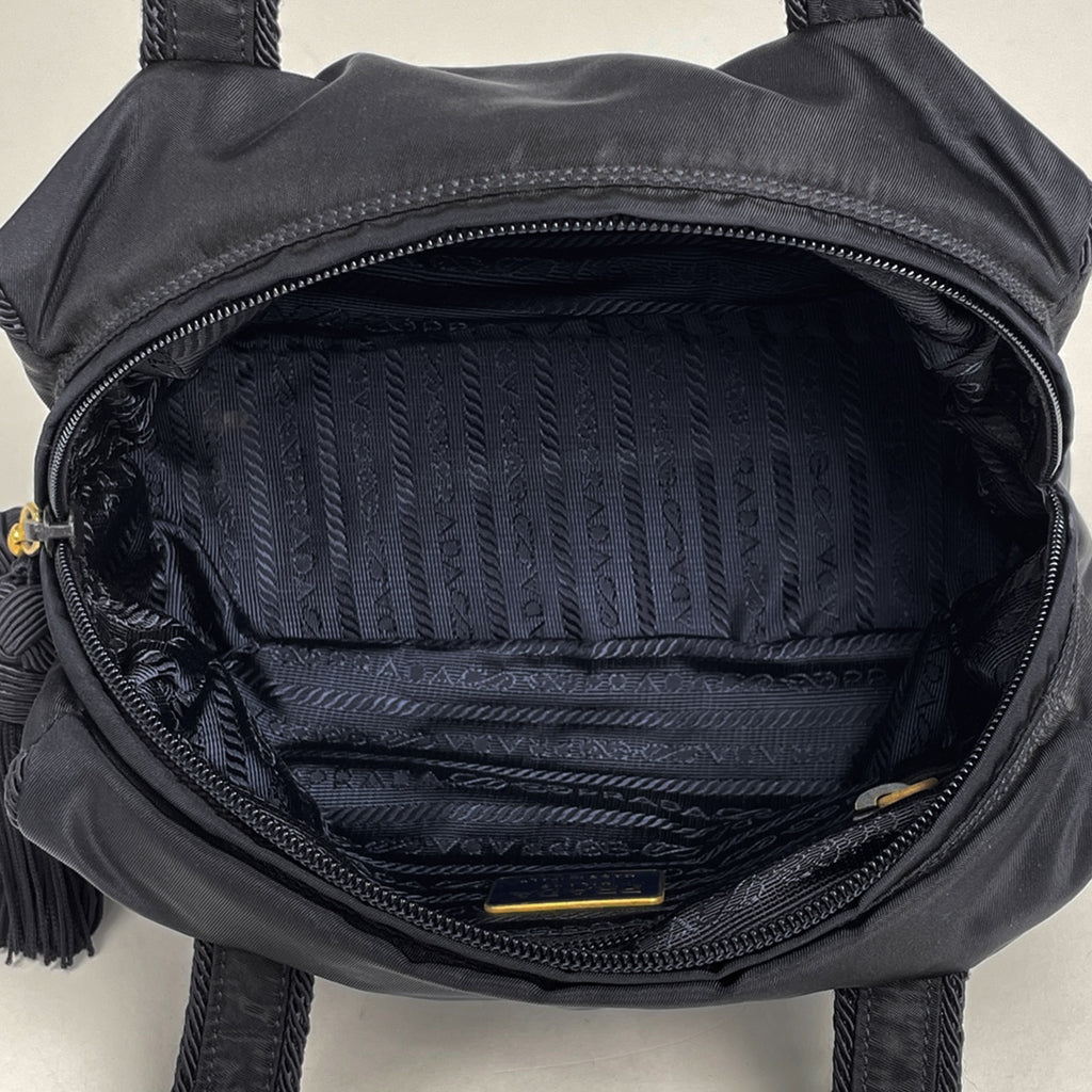 プラダ ロゴ ハンドバッグ ビーズ タッセル ハンドバッグ ナイロン ネイビー レディース 【中古】brbag