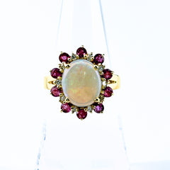 オパール デザインリング YG イエローゴールド メレダイヤ 指輪 ルビー リング 14号 K18 オパール ダイヤモンド レディース ノンブランドジュエリー 【中古】nbjwl
