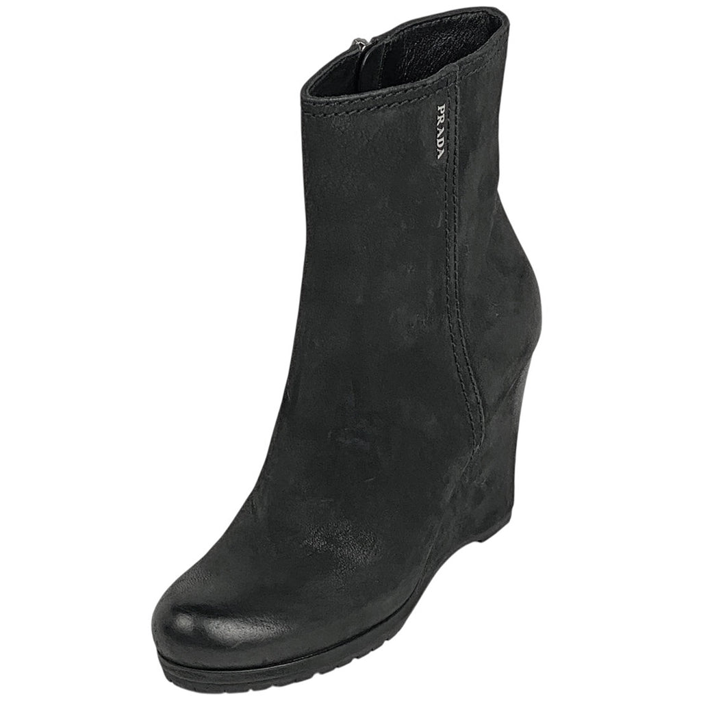 プラダ ロゴ ジップアップ ショートブーツ スポーツライン ウェッジソール 靴 ブーツ レザー ブラック レディース 【中古】brapp