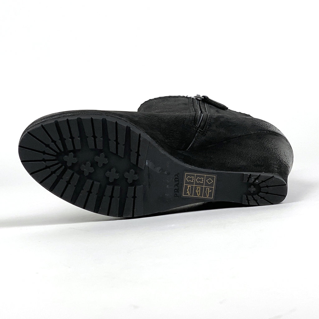 プラダ ロゴ ジップアップ ショートブーツ スポーツライン ウェッジソール 靴 ブーツ レザー ブラック レディース 【中古】brapp
