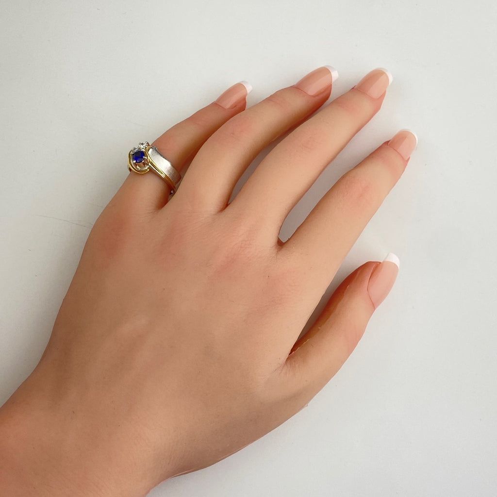 石川暢子 サファイア デザインリング YG イエローゴールド プラチナ メレダイヤ 指輪 リング 11号 K18 Pt900 サファイア レディース 【中古】brjwl