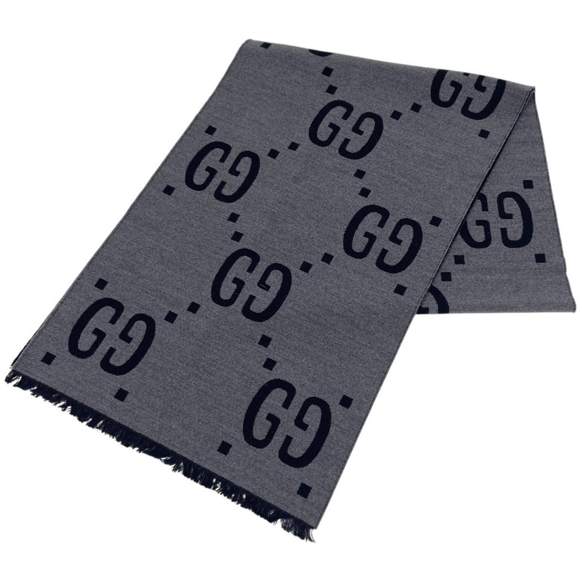 グッチ GG柄 マフラー フリンジ マフラー ウール シルク ネイビー