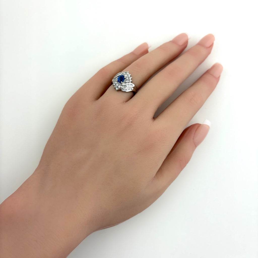 サファイア デザインリング プラチナ 指輪 メレダイヤ リング 9号 Pt900 サファイア ダイヤモンド レディース 【中古】nbjwl