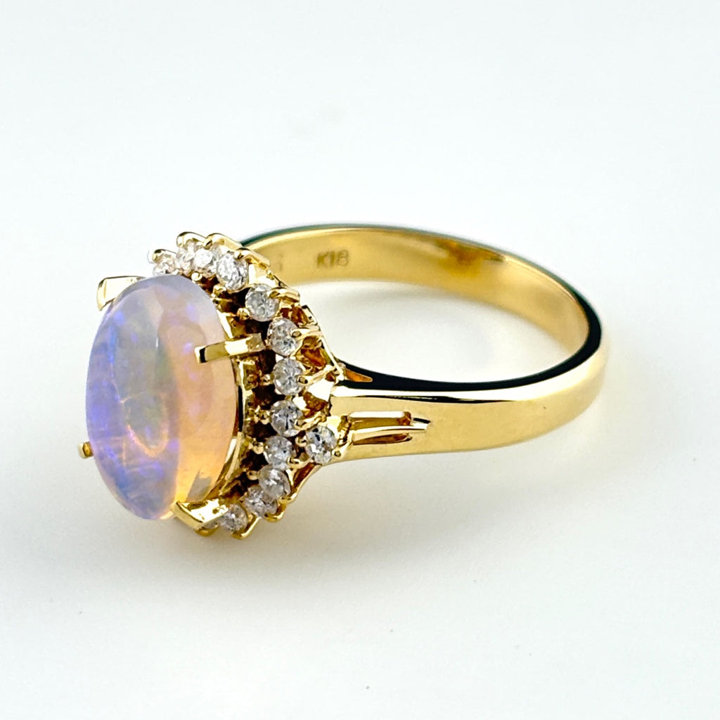 オパール デザインリング YG イエローゴールド 指輪 メレダイヤ リング 11号 K18 オパール ダイヤモンド レディース 【中古】nbjwl