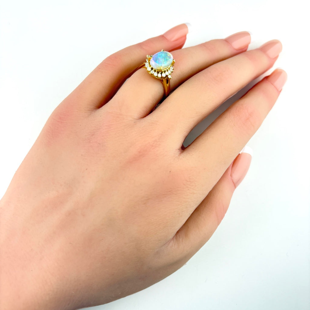 オパール デザインリング YG イエローゴールド 指輪 メレダイヤ リング 11号 K18 オパール ダイヤモンド レディース 【中古】nbjwl