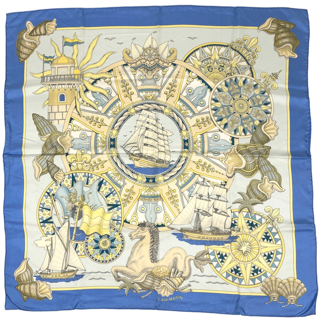 エルメス カレ 90 L'AIR MARIN 海風 船 貝殻 スカーフ シルク ブルー マルチカラー レディース 【中古】brbag