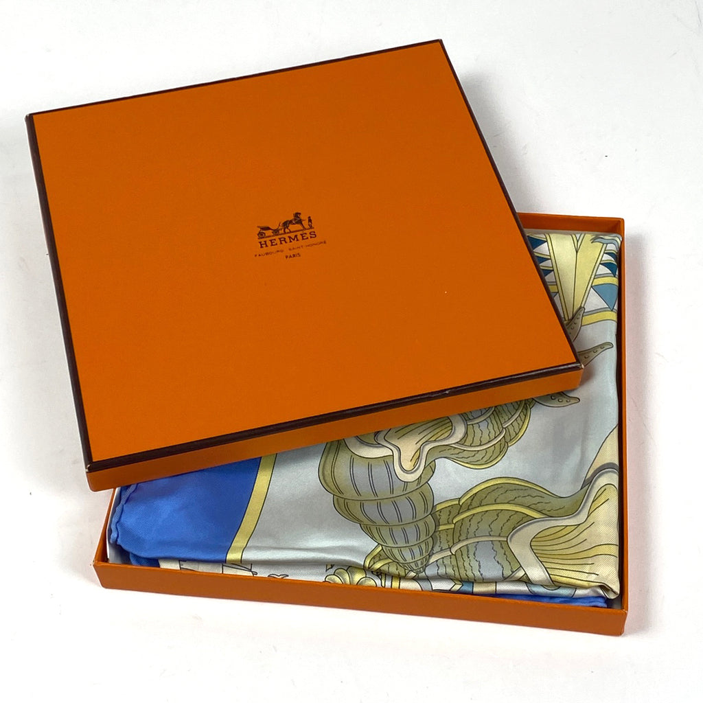 エルメス カレ 90 L'AIR MARIN 海風 船 貝殻 スカーフ シルク ブルー マルチカラー レディース 【中古】brbag