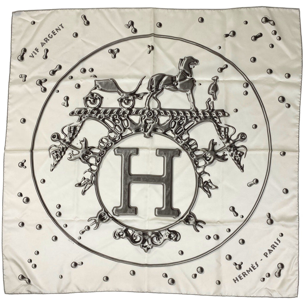 エルメス カレ 90 VIF ARGENT 銀の雫 Hロゴ 馬 スカーフ シルク ホワイト レディース 【中古】brbag