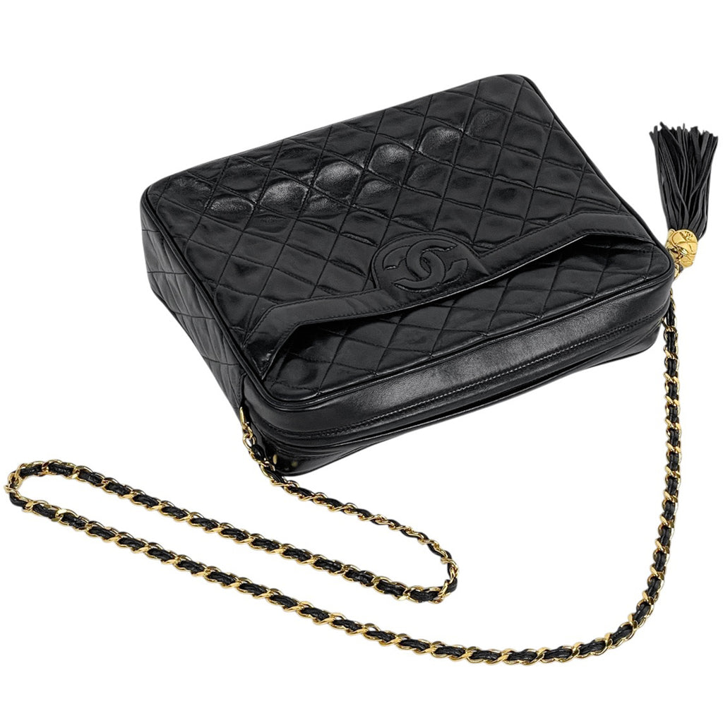 シャネル ココマーク フリンジ チェーン ショルダーバッグ マトラッセ タッセル ショルダーバッグ レザー ブラック 【中古】brbag