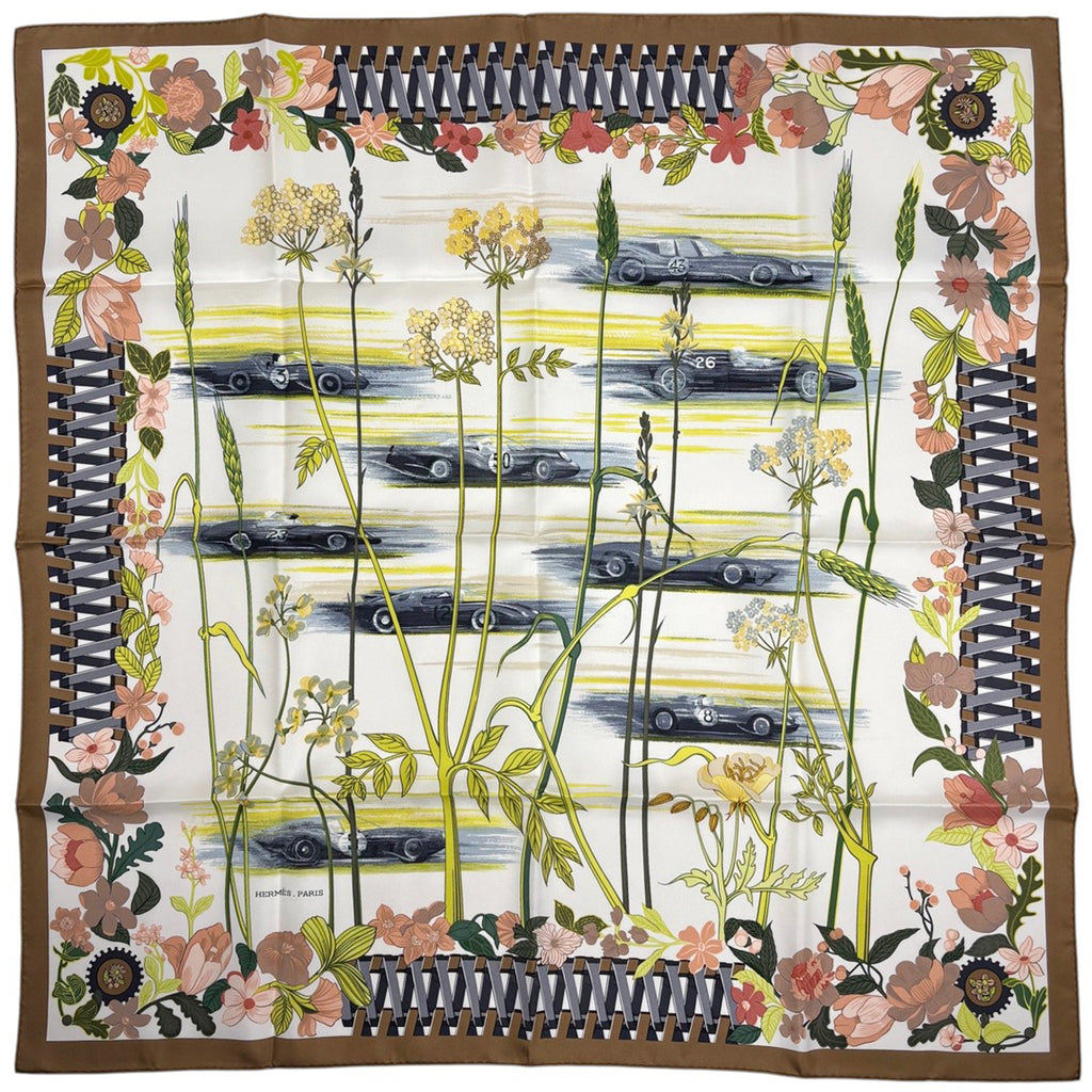 エルメス カレ 90 LES BOLIDES RACE CARS レースカー スカーフ シルク ホワイト ブラウン マルチカラー レディース 【中古】brbag