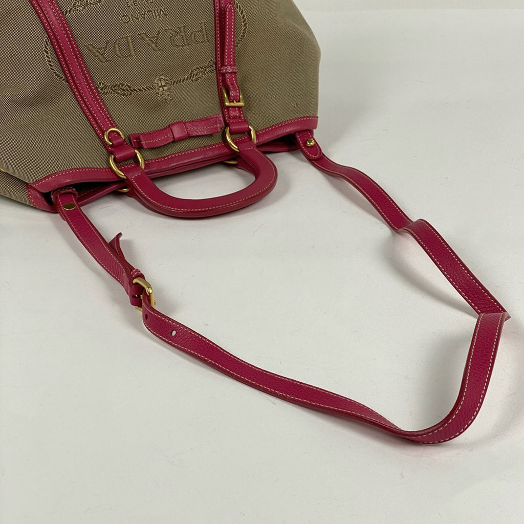 プラダ ロゴ ジャガード ハンドバッグ 2WAY ショルダーバッグ リボン ハンドバッグ キャンバス ブラウン レディース 【中古】brbag