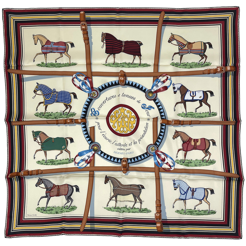 エルメス カレ 90 editees par 競走馬 スカーフ シルク アイボリー マルチカラー レディース 【中古】brbag