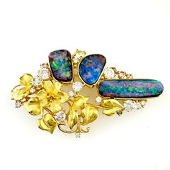 フラワーモチーフ デザインブローチ YG イエローゴールド ボルダーオパール メレダイヤ 花 ブローチ K18 ボルダーオパール ダイヤモンド レディース ノンブランドジュエリー 【中古】nbjwl