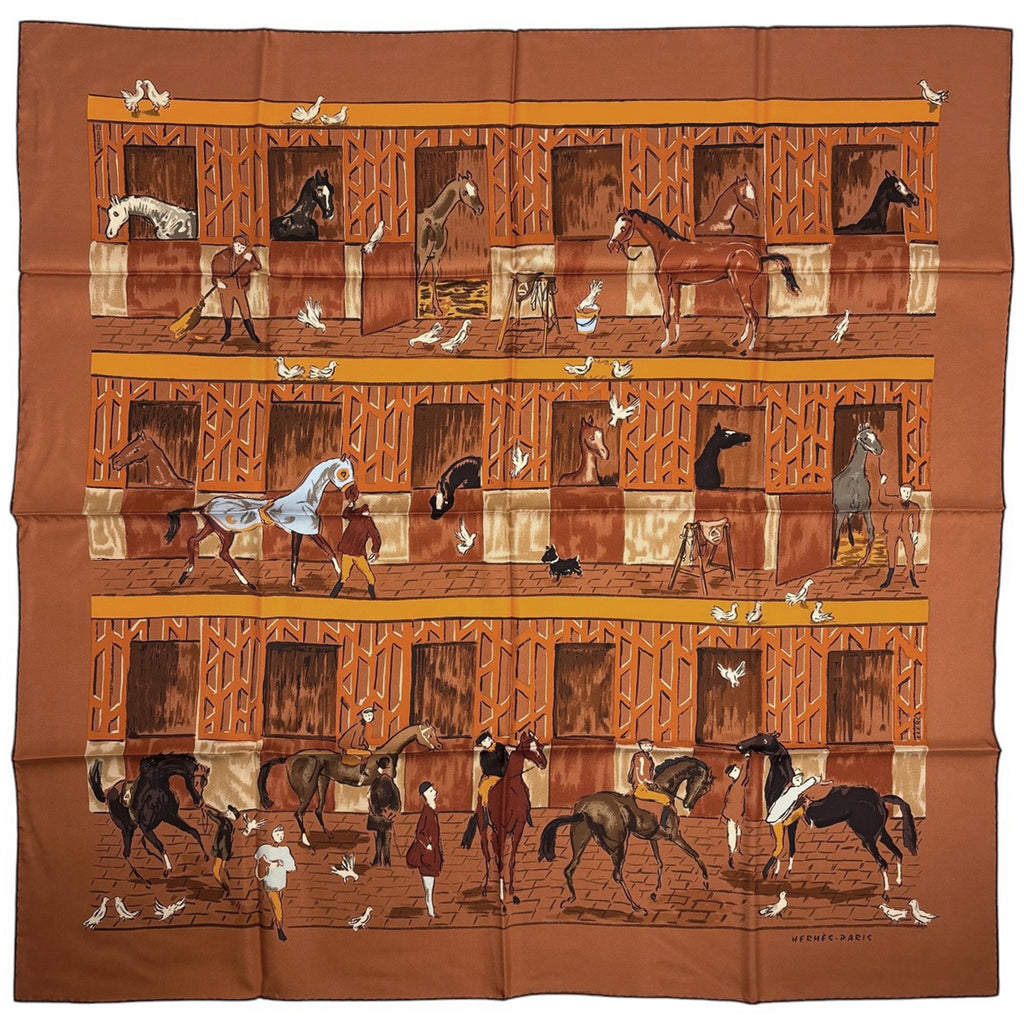 エルメス カレ 90 ECURIES 厩舎 スカーフ シルク オレンジ マルチカラー レディース 【中古】brbag