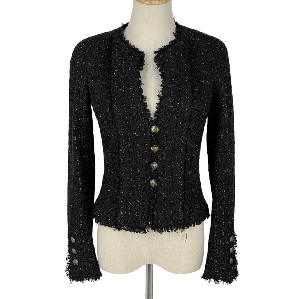 シャネル ココマークボタン ツイード ジャケット ショート丈 05A アウター ノーカラージャケット コットン レーヨン ポリエステル ブラック レディース ブランド品（アパレル） 【中古】brapp