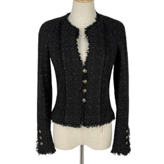 シャネル ココマークボタン ツイード ジャケット ショート丈 05A アウター ノーカラージャケット コットン レーヨン ポリエステル ブラック レディース ブランド品（アパレル） 【中古】brapp