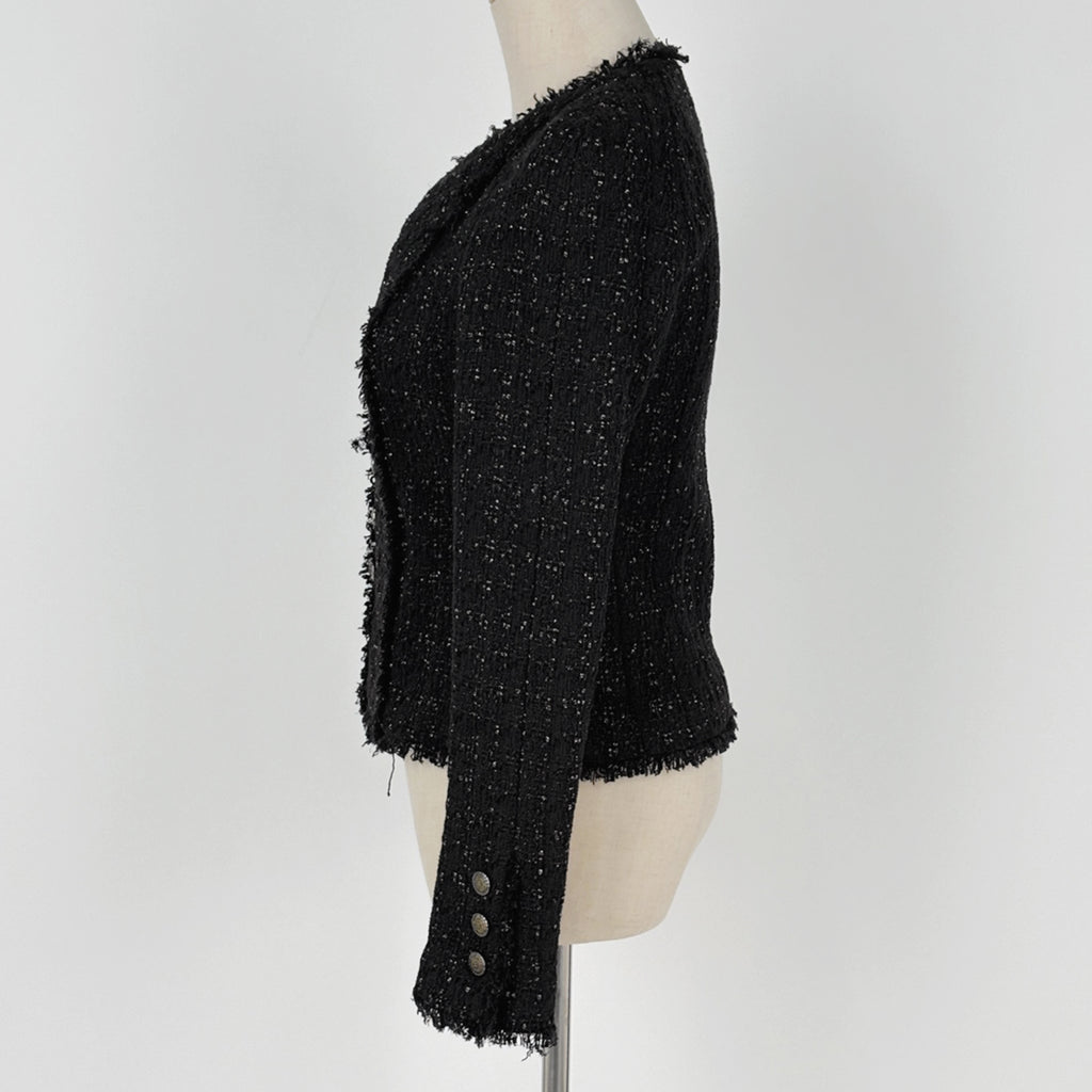 シャネル ココマークボタン ツイード ジャケット ショート丈 05A アウター ノーカラージャケット コットン レーヨン ポリエステル ブラック レディース ブランド品（アパレル） 【中古】brapp