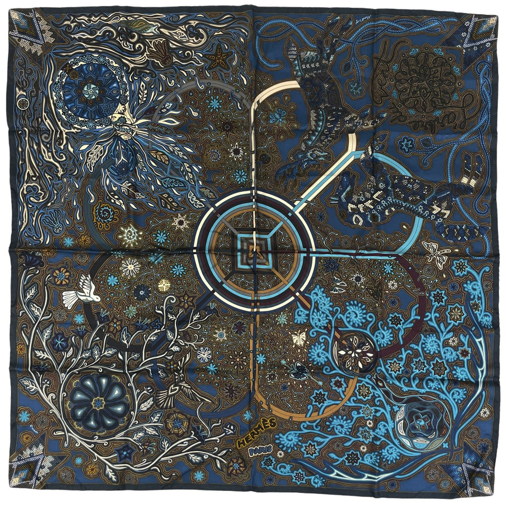 エルメス カレ 90 L’Arbre du Vent 風の大樹 スカーフ シルク ネイビー マルチカラー レディース 【中古】brbag
