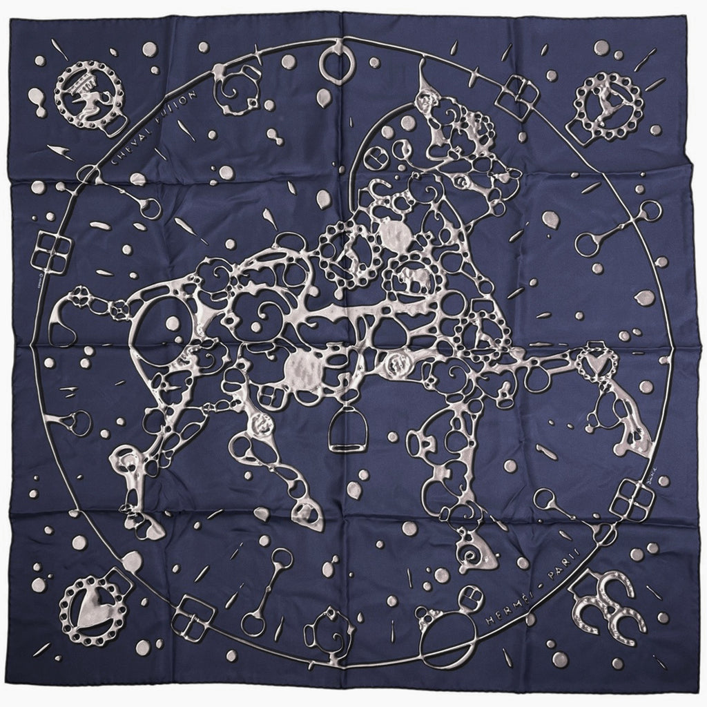 エルメス カレ 90 CHEVAL FUSION シュヴァル フュージョン スカーフ シルク ネイビー レディース 【中古】brbag