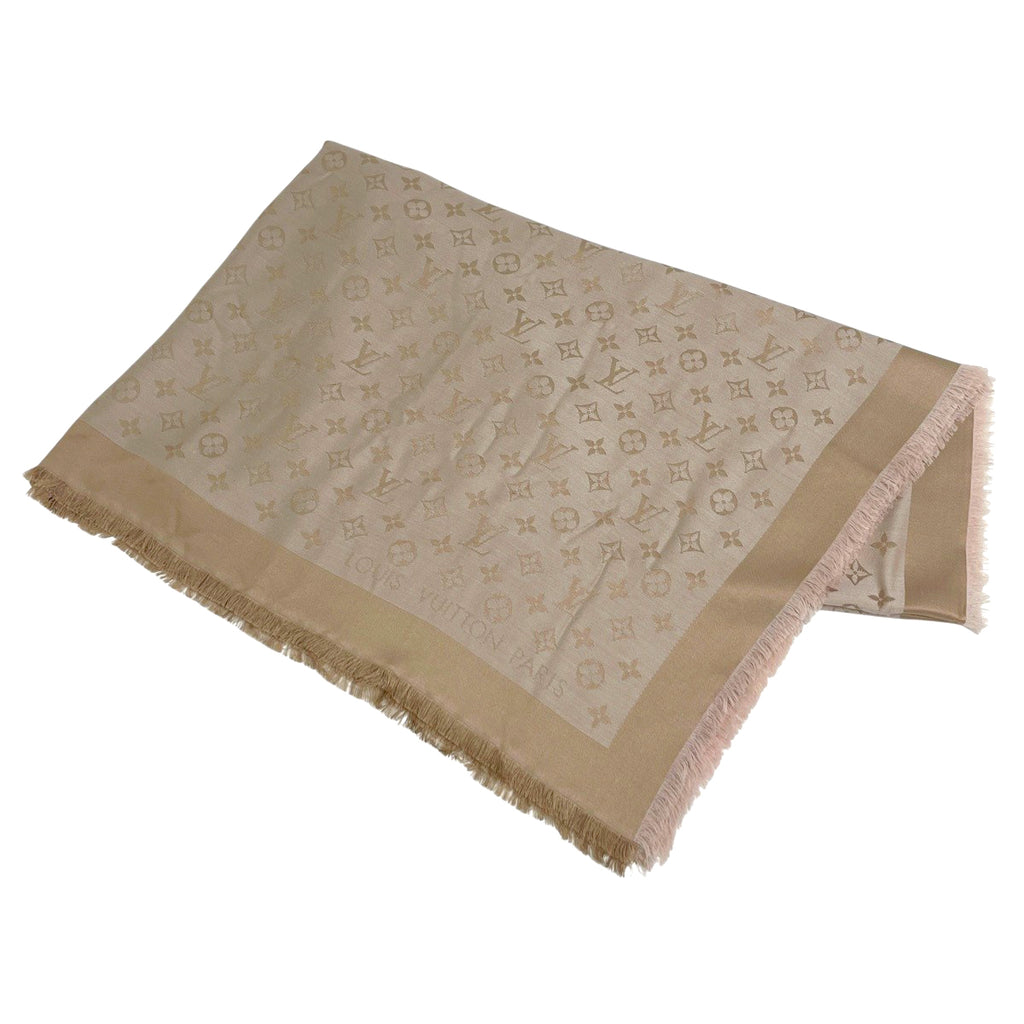 ルイ・ヴィトン ショール モノグラム ネオ デニム ストール フリンジ ジャカード ショール シルク ウール ベージュローズ レディース 【中古】brbag