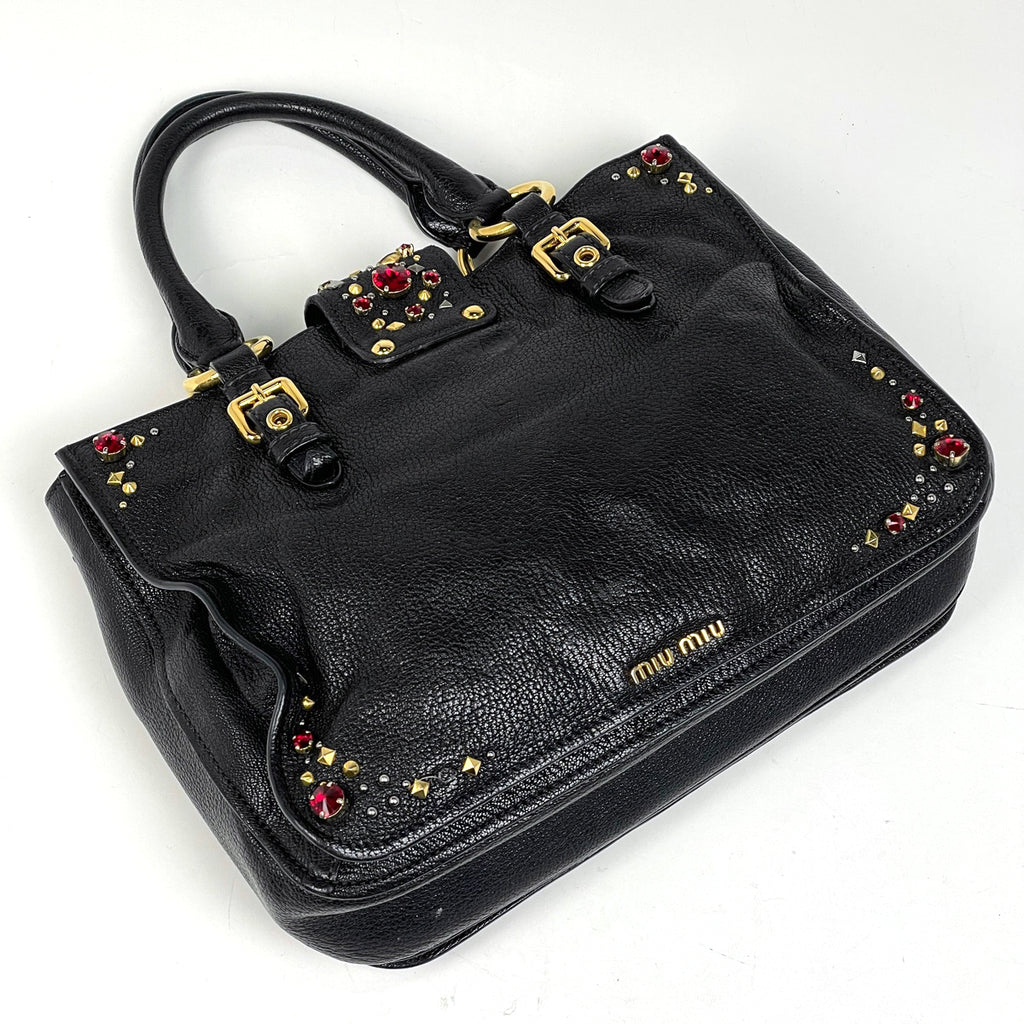 ミュウ ミュウ ロゴ ハンドバッグ スタッズ ラインストーン ハンドバッグ レザー ブラック レディース 【中古】brbag