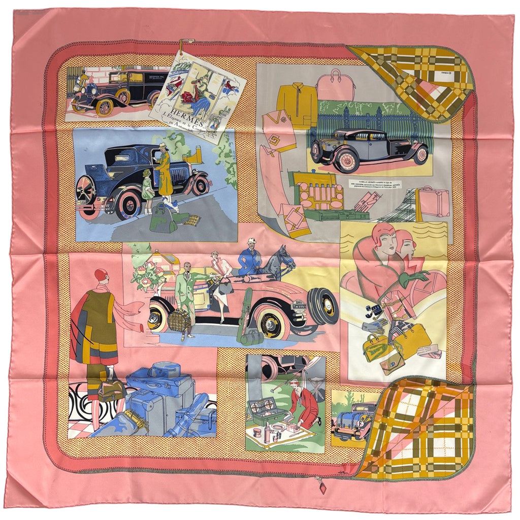 エルメス カレ 90 L Elegance et le Confort en Automobile 自動車の快適 スカーフ シルク ピンク マルチカラー レディース 【中古】brbag