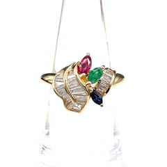 ルビー デザインリング YG イエローゴールド 指輪 メレダイヤ サファイア エメラルド リング 9.5号 K18 ダイヤモンド ルビー レディース ノンブランドジュエリー 【中古】nbjwl