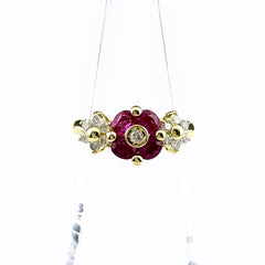 フラワーモチーフ デザインリング YG イエローゴールド 指輪 メレダイヤ 花 リング 10号 K18 ルビー ダイヤモンド レディース ノンブランドジュエリー 【中古】nbjwl