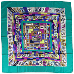 エルメス カレ90 CORRESPONDANCE 切手 アニマル スポーツ 馬 スカーフ シルク グリーン マルチカラー レディース ブランドバッグ・小物 【中古】brbag