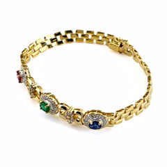 カラーストーン デザインブレスレット YG イエローゴールド 腕輪 ルビー メレダイヤ ブレスレット K18 エメラルド サファイア レディース ノンブランドジュエリー 【中古】nbjwl