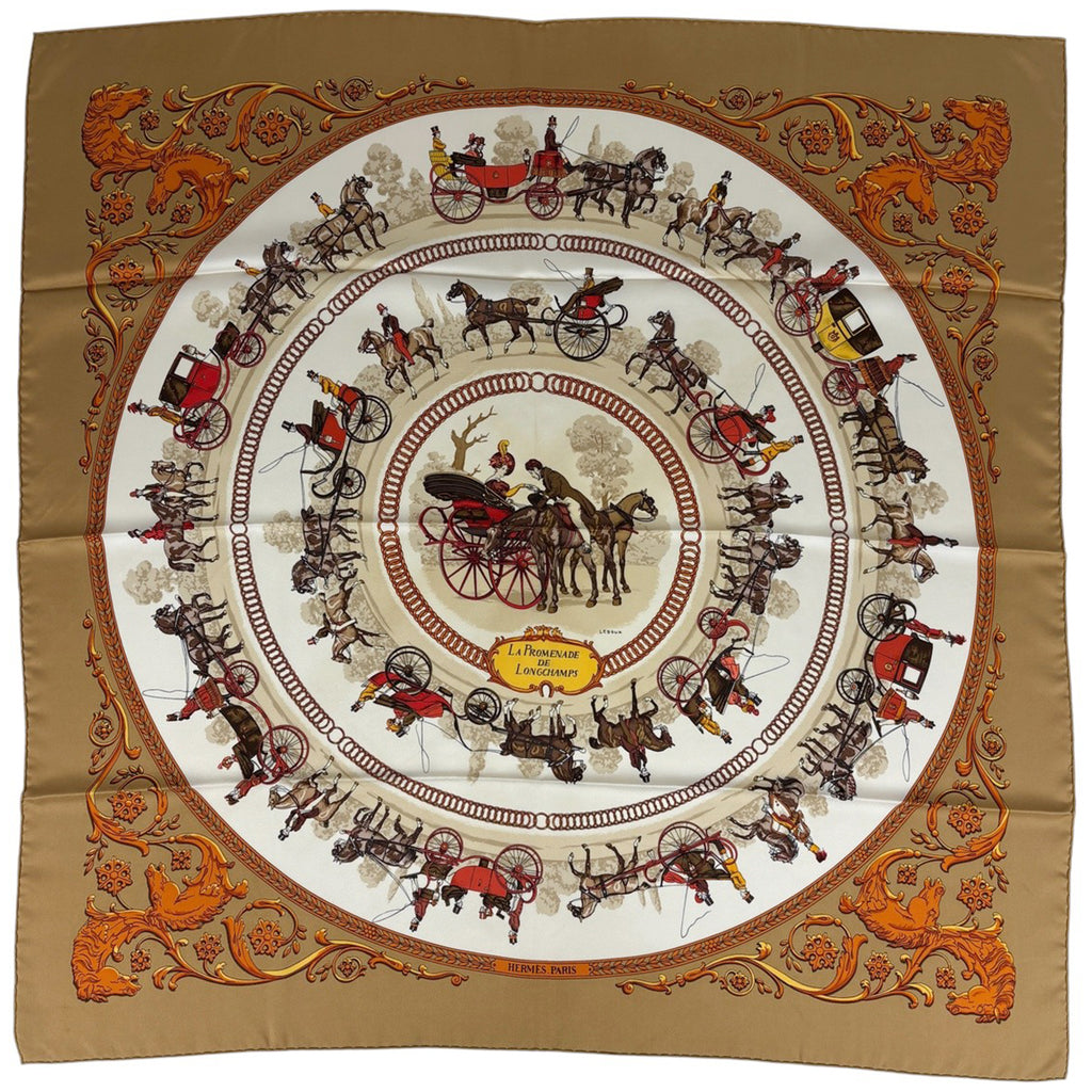 エルメス カレ 90 LA PROMENADE DE LONGCHAMPS ロンシャンへの散歩 馬車 スカーフ シルク ブラウン マルチカラー レディース ブランドバッグ・小物 【中古】brbag