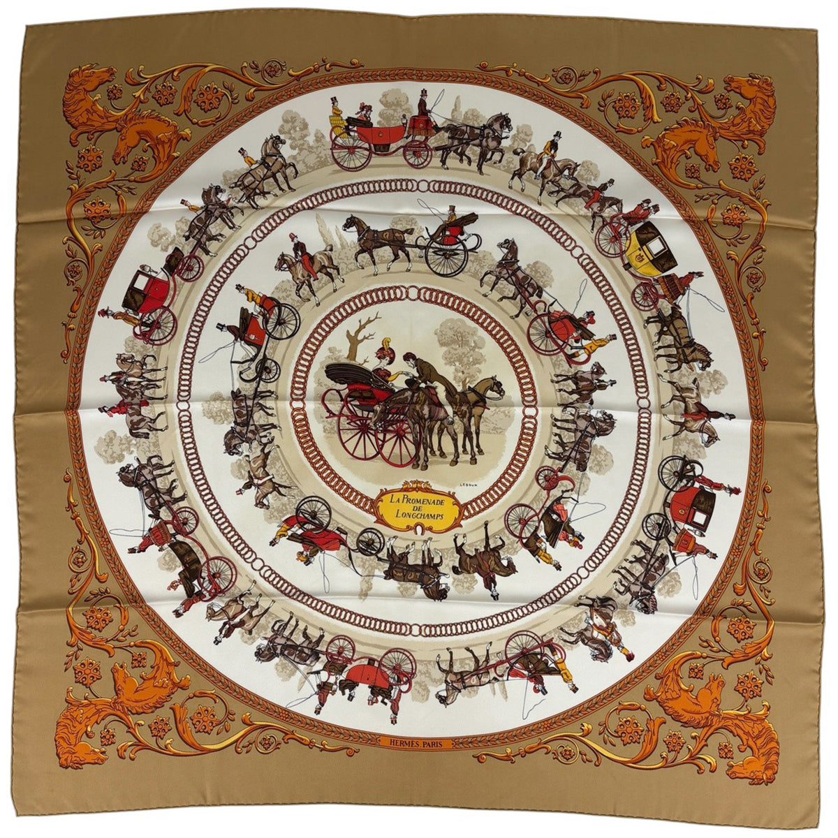 ★HERMES★ スカーフ カレ90 ロンシャンへの散歩 ブラウン バイセル公式】エルメス カレ90 ロンシャンへの散歩 馬車 スカーフ