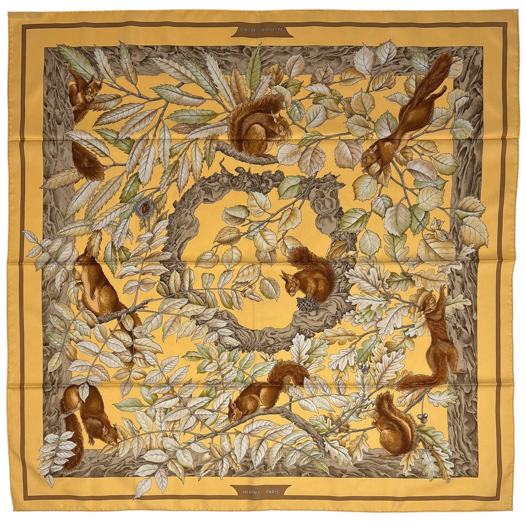 エルメス カレ 90 CASSE NOISETTE くるみ割り リス柄 木の実 スカーフ シルク オレンジ マルチカラー レディース ブランドバッグ・小物 【中古】brbag