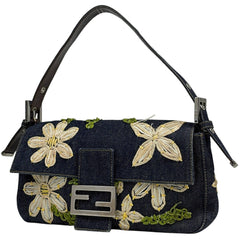 フェンディ ズッカロゴ マンマバゲット 花柄 刺繍 フラワー ショルダーバッグ デニム ネイビー 26424 レディース ブランドバッグ・小物 【中古】brbag