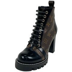 ルイ・ヴィトン スタートレイル ライン アンクルブーツ 編み上げ サイドジップ ハイヒール 靴 ブーツ モノグラム レザー ブラウン ブラック レディース ブランドアパレル 【中古】brapp