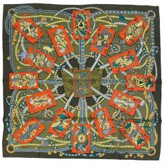 エルメス カレ 90 DAME DE COEUR A VOUS L’HONNEUR! ハートのクイーン女王 トランプ スカーフ シルク グリーン マルチカラー レディース ブランドバッグ・小物 【中古】brbag