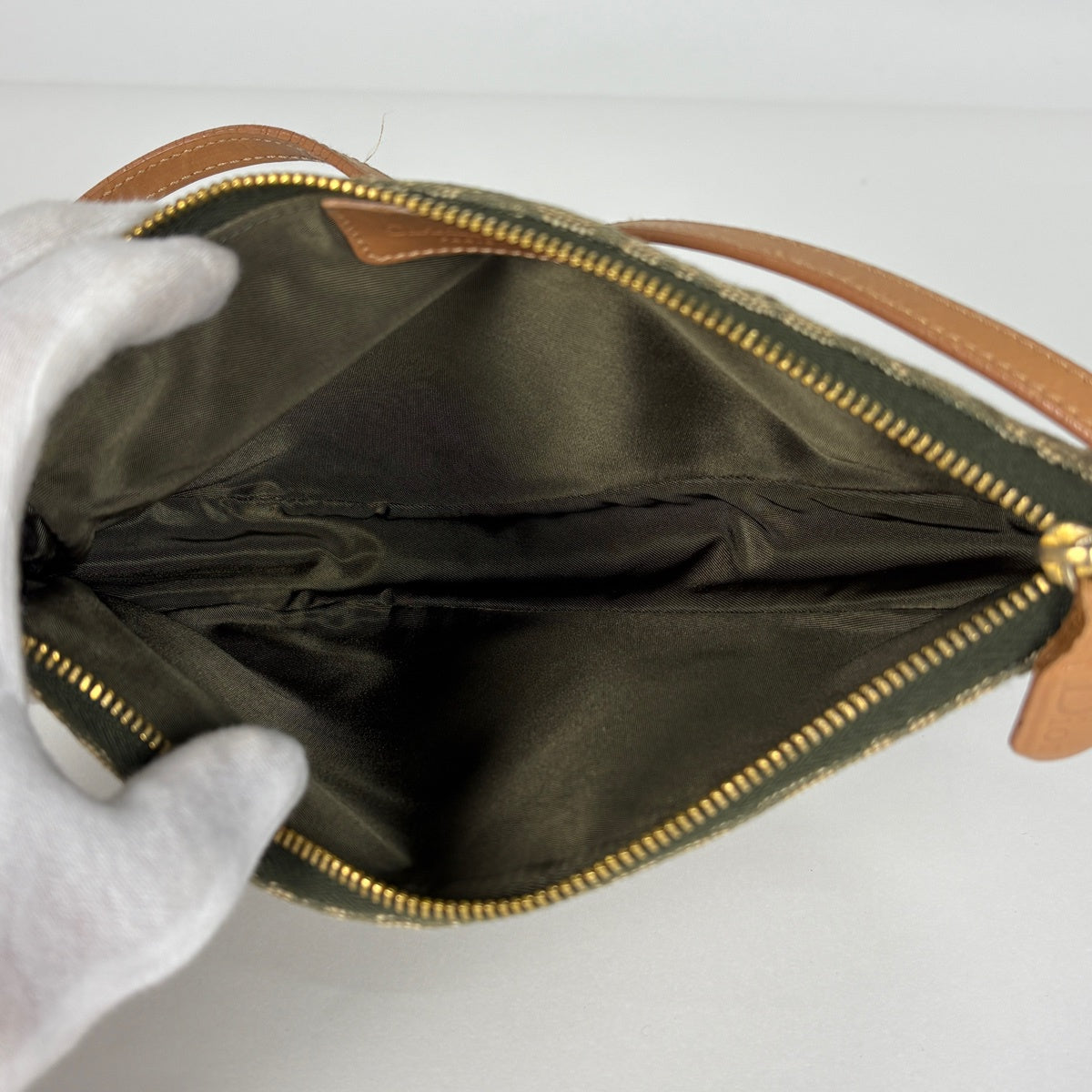 DIOR（ディオール）トロッター サドルバッグ ショルダーバッグ 総柄 キャンバス グリーン レザー ゴールド金具 レディース【中古】 Dior - DIOR（ディオール）トロッター サドルバッグ ショルダーバッグ