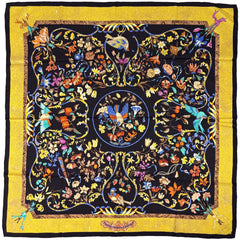 エルメス カレ 90 PiERRES d' ORiENT et d' OCCiDENT 東洋の石と西洋の石細工 鳥 花 果実 果物 スカーフ シルク ブラック イエロー マルチカラー レディース ブランドバッグ・小物 【中古】brbag