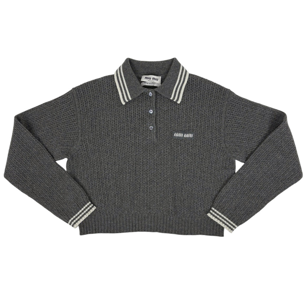 ミュウミュウ 25SS コットン ロゴ ジャージ ポロシャツ ジャージ トップス 長袖 MJL015 グレー ブラック M【中古】 MIU MIU - ミュウミュウ 25SS コットン ロゴ ジャージ ポロシャツ