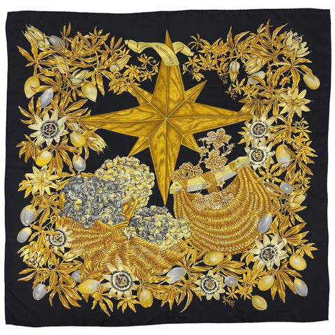 Hermès Passiflores スカーフ 黒・金 エルメス カレ 90 PASSIFLORES パッションフラワー スカーフ シルク