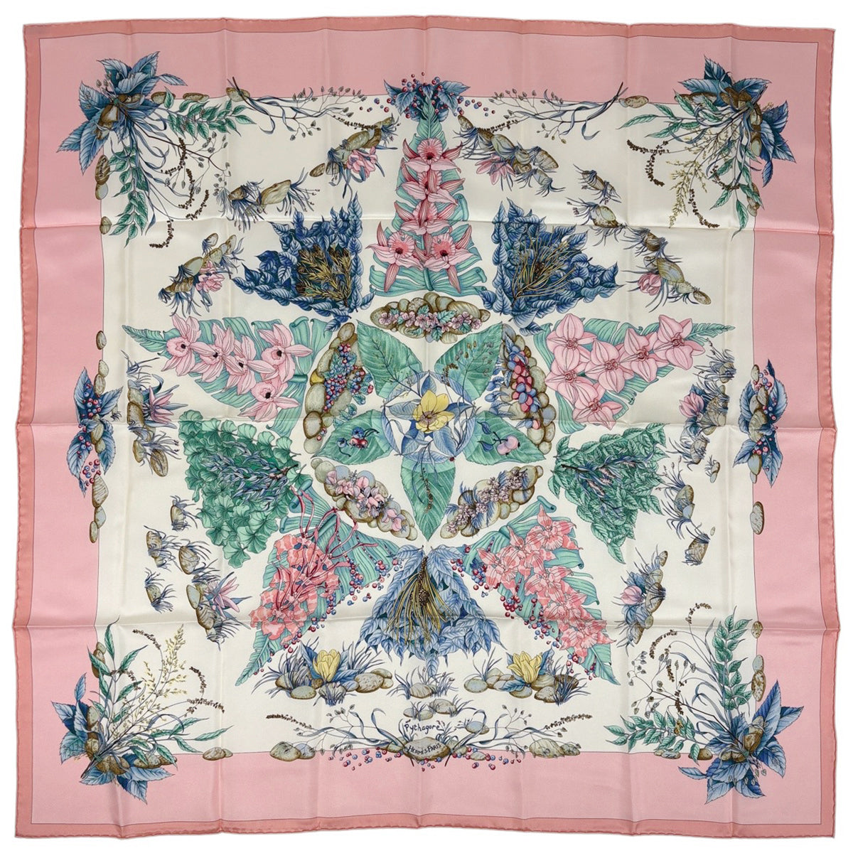 エルメス カレ 90 Pythagore ピタゴラス 花柄 スカーフ シルク ピンク