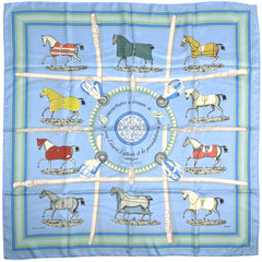 エルメス カレ 90 Couvertures et Tenues de Jour 馬着 editees par 競走馬柄 スカーフ シルク ブルー マルチカラー レディース ブランドバッグ・小物 【中古】brbag