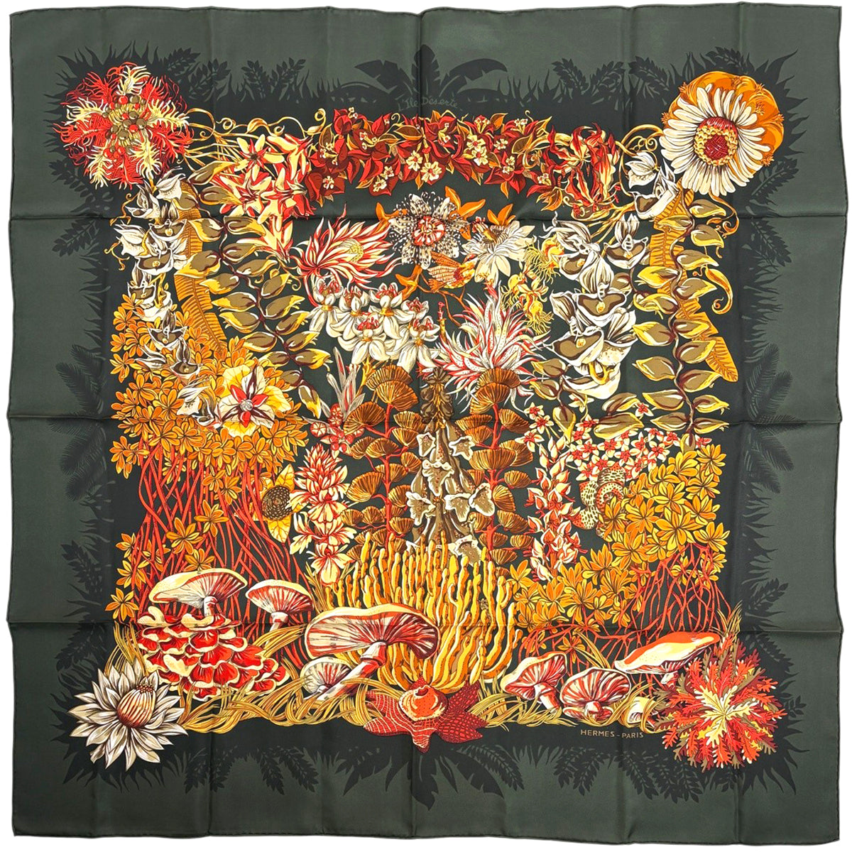 エルメス カレ 90 L'ILE DESERTE 無人島 スカーフ シルク グリーン