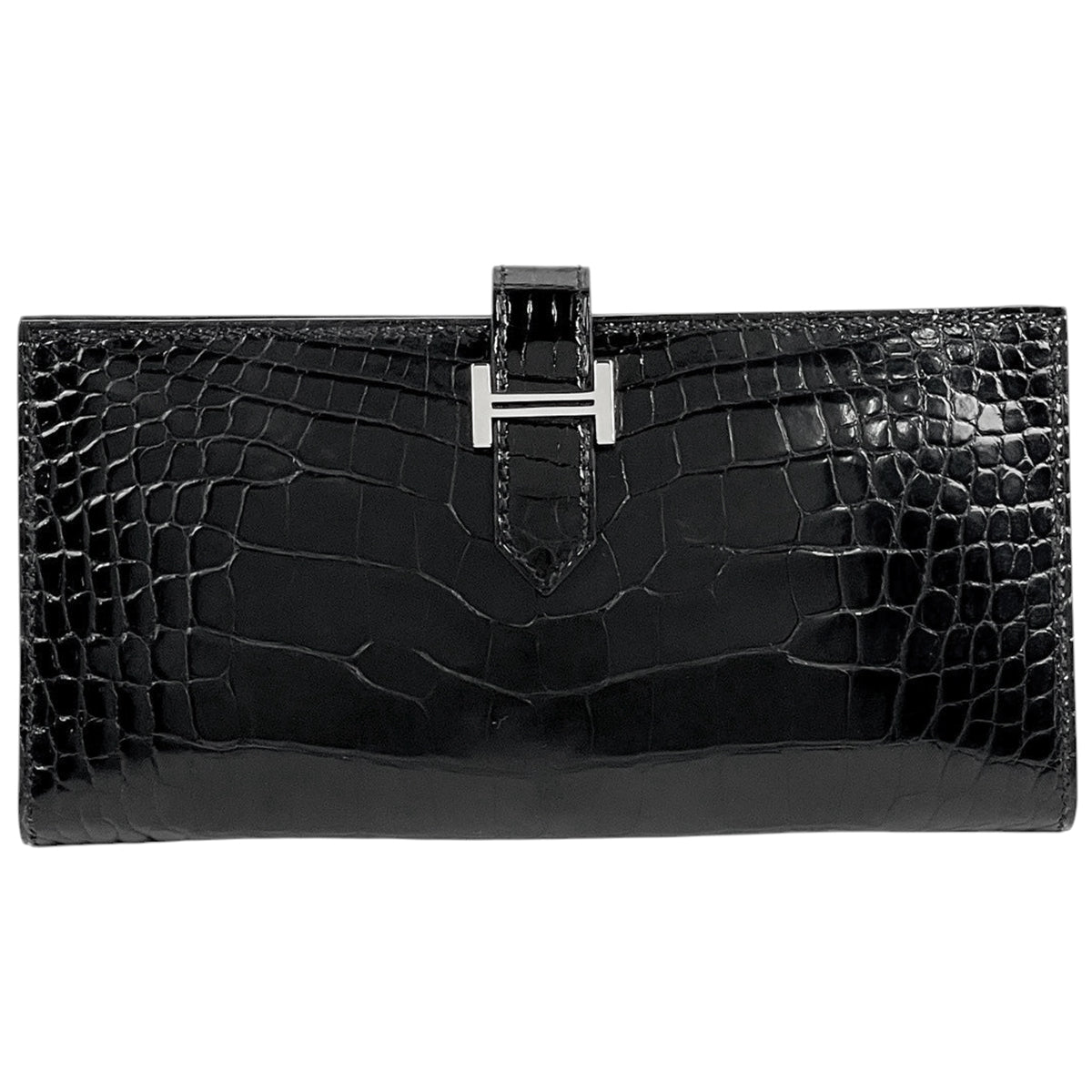 エルメス ベアン スフレ Hロゴ 二つ折り 長財布 アリゲーター ブラック