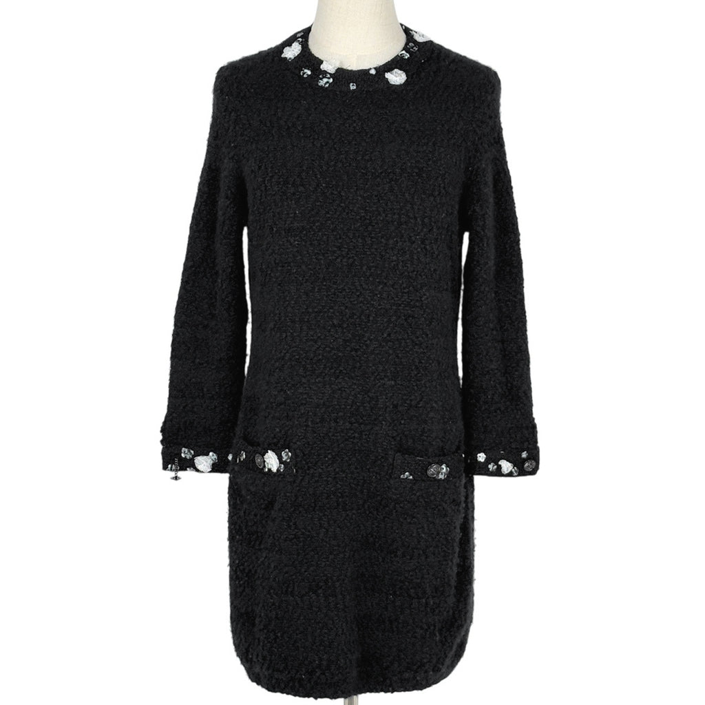 18103✨CHANEL シャネル ココマーク リブニットワンピース ブラック 中古・古着通販】CHANEL (シャネル) ココマークフリルニットワンピース