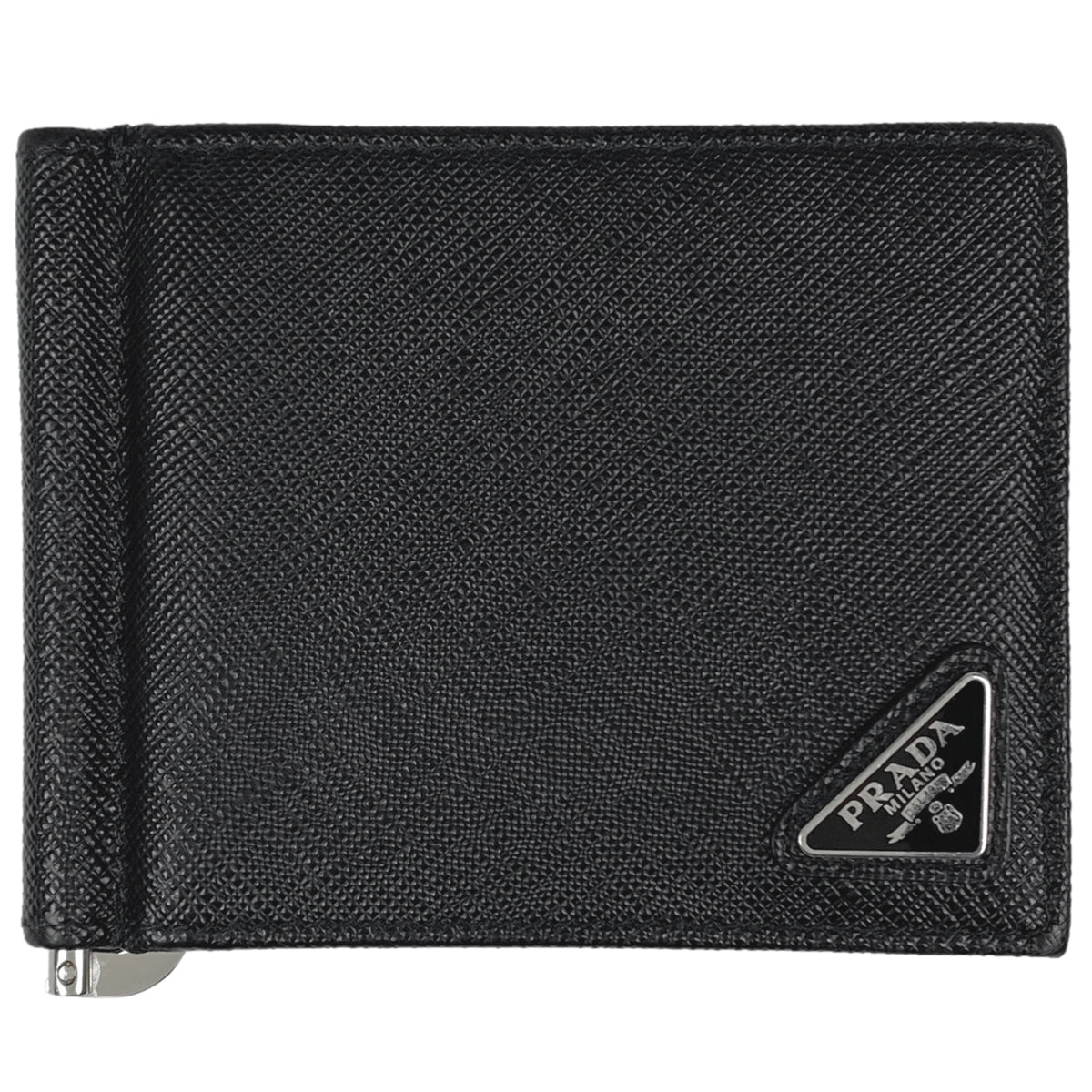 ロゴの部分の色シルバーPRADA 二つ折り　財布　サフィアーノ　レザー　ブラック　メンズ
